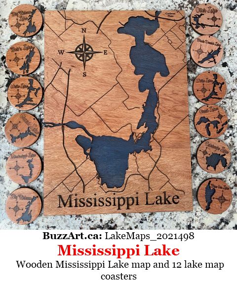 Wooden Mississippi Lake map and 12 lake map coasters